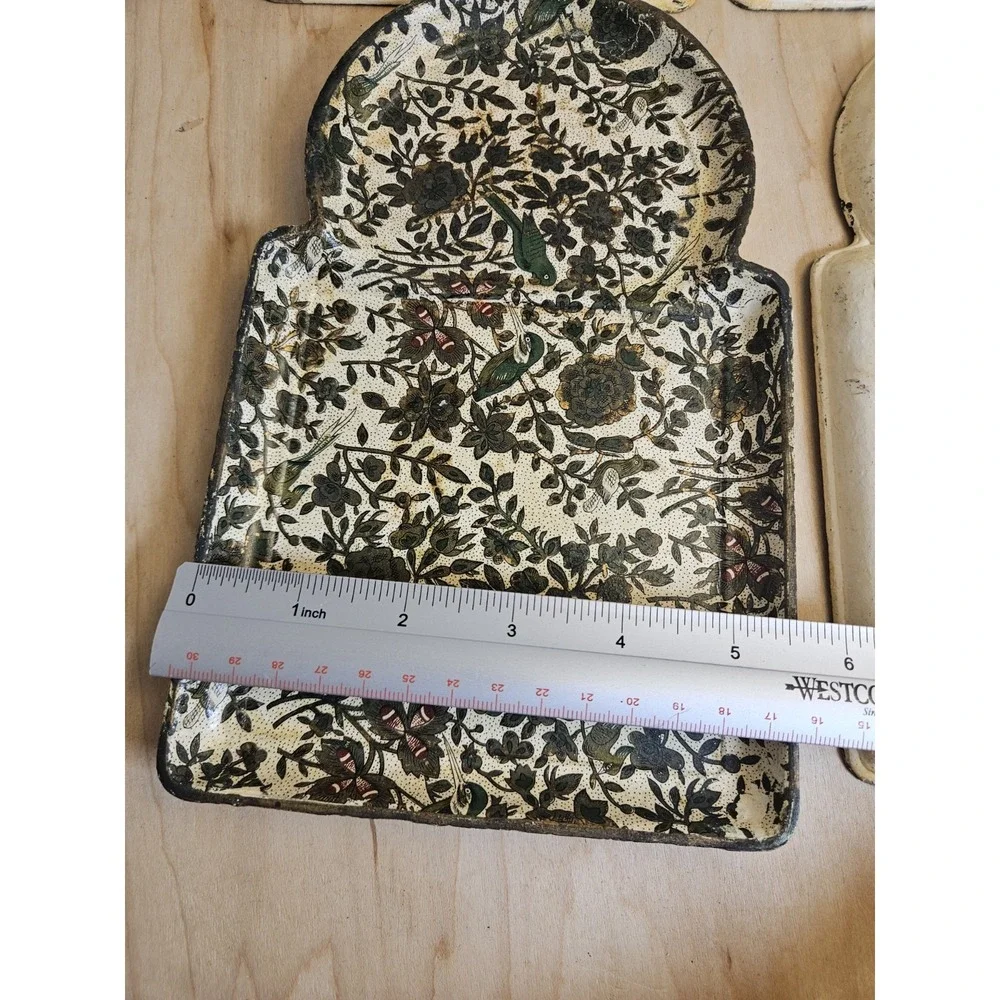 Vintage Mid Century Japanese Paper Mache Snack Trays Set 4 Floral Birds Knobler